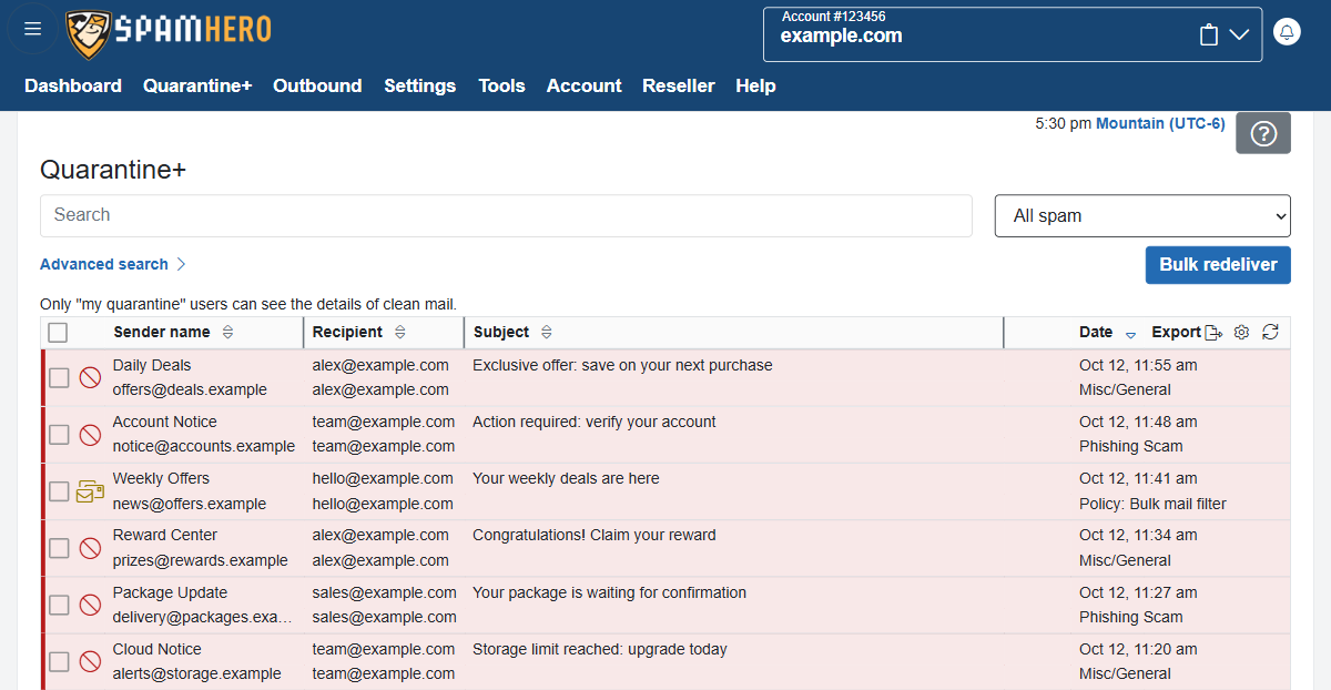 SpamHero Quarantine+ showing fictional messages and search controls